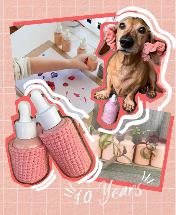 A collage featuring pink serum bottles, some crocheted covers, a dog with pink bows, paint dots on paper, and potted plants in pink containers, all on a pink grid background with “10 Years” written at the bottom.