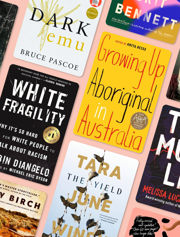 A selection of overlapping book covers, including Dark Emu, White Fragility, Growing Up Aboriginal in Australia, The Yield, and others, displayed against a light pink background.