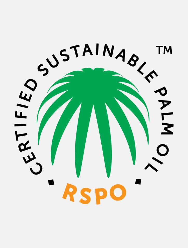 Logo with a green palm leaf illustration in the center, surrounded by the words CERTIFIED SUSTAINABLE PALM OIL in black letters and RSPO in orange letters below the leaf.