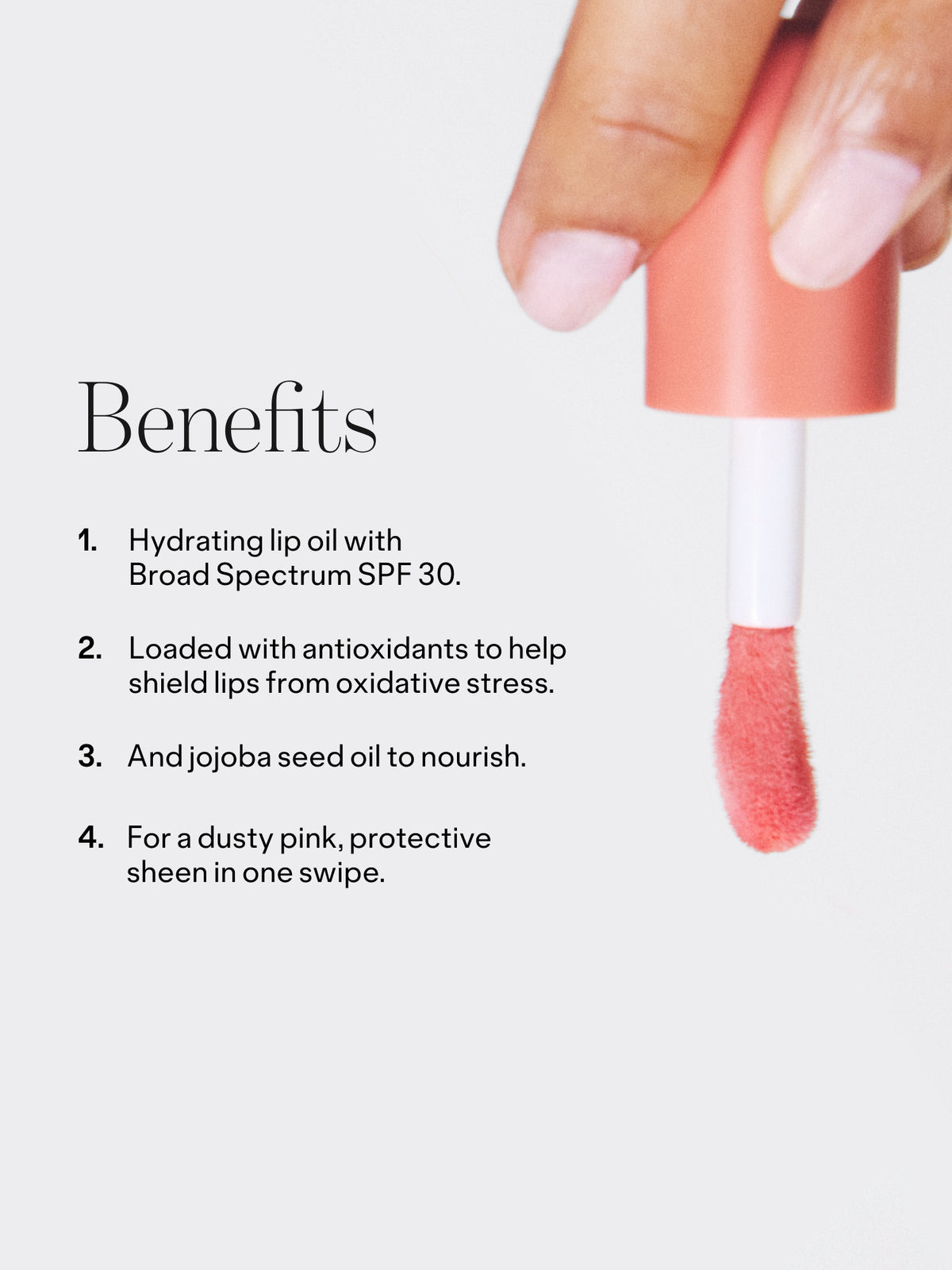 Benefits infographic for Go-To Skincare Pinky Lip Glaze showing a coral applicator and dusty pink gloss with SPF 30 antioxidants and jojoba seed oil.
