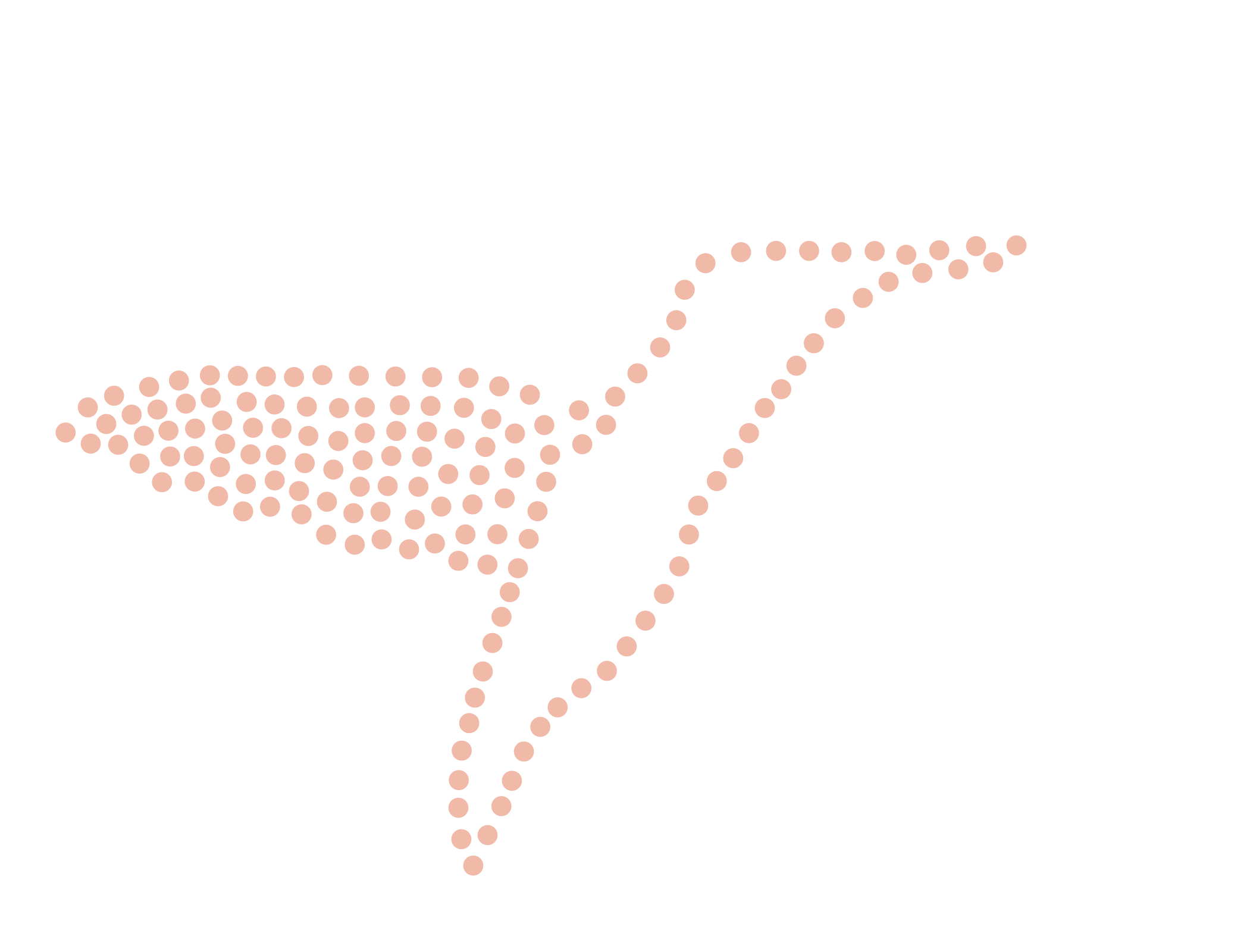 A minimalist image of a hummingbird, illustrated using evenly spaced, pink dots on a black background. The dots outline the birds head, beak, body, and wing in a stylized fashion.