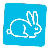 A simple white outline of a rabbit sitting, with its eyes closed, on a bright blue square background.