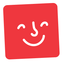 A red square with rounded corners features a simple white line drawing of a smiling face with closed, happy eyes and a curved mouth.