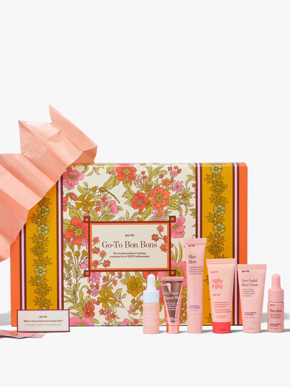 Go-To Skincare Bon Bons gift box with a colourful floral design and miniature skincare products in pink and orange packaging displayed in front