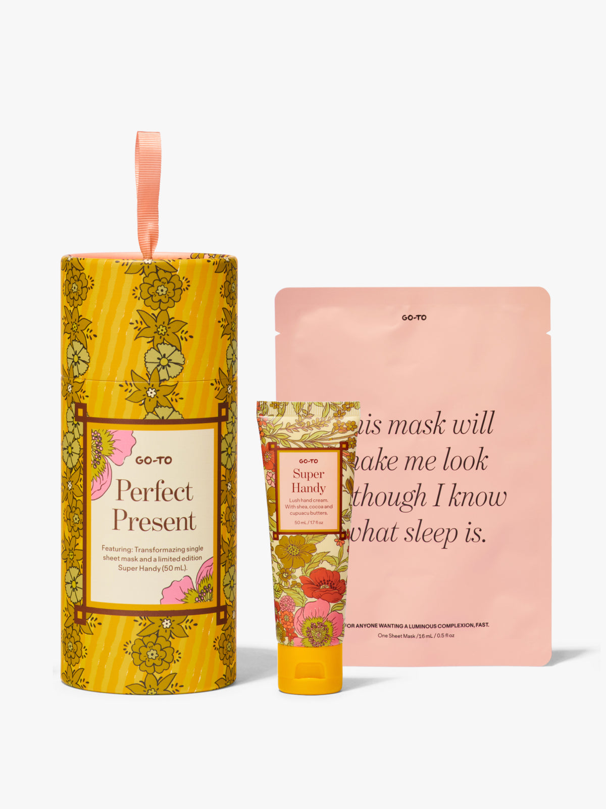 Go-To Skincare Perfect Present gift set with a yellow floral package a pink sheet mask and Super Handy nourishing hand cream