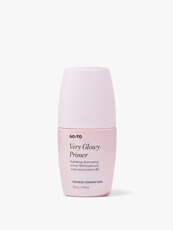 Pink bottle of Go-To Very Glowy Primer, 30ml, promises hydrating, illuminating effects with hyaluronic acid and provitamin B5